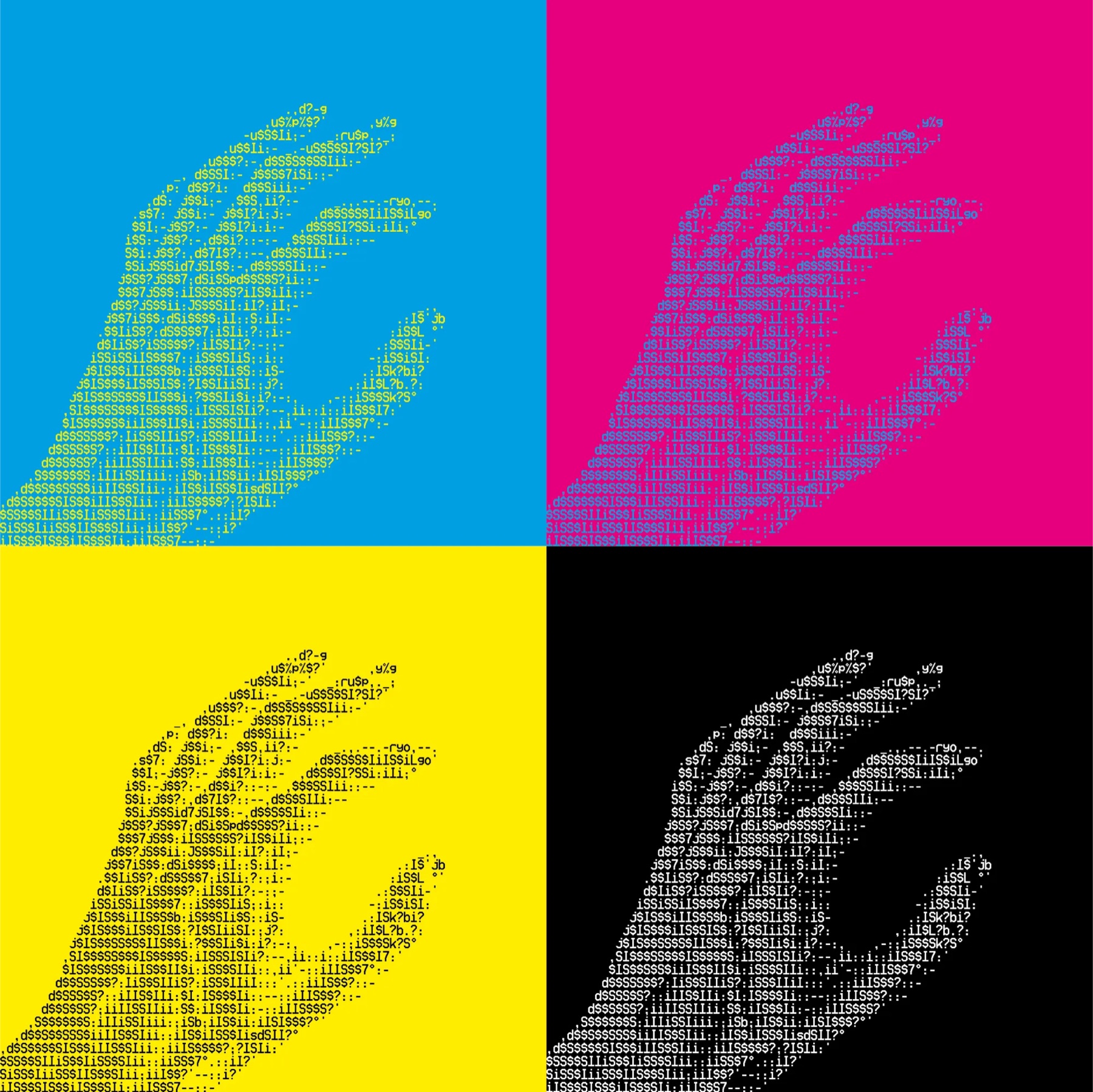 Main dessinée en caractères ASCII, déclinée en cyan, magenta, jaune et noir