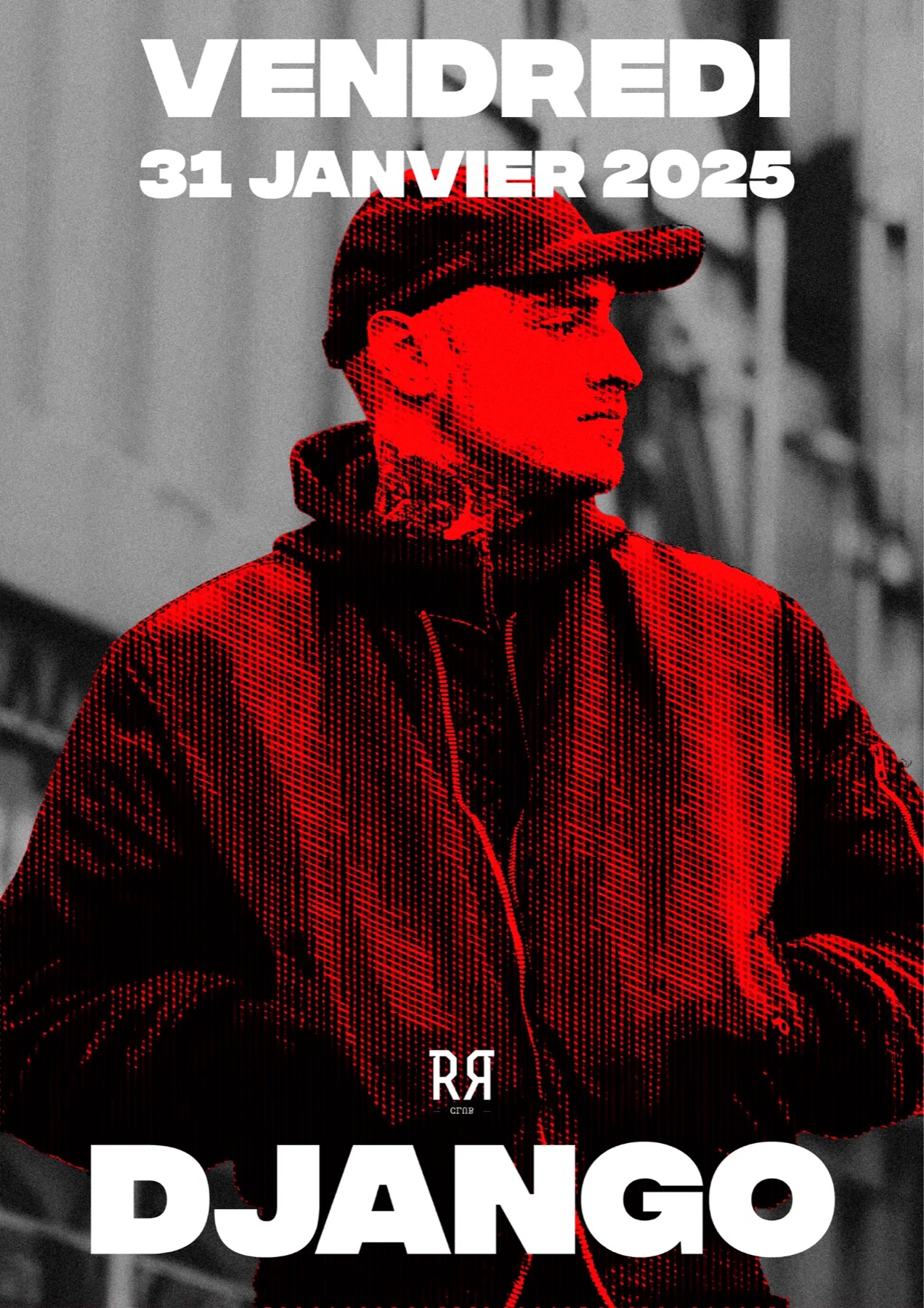 Affiche Django — vendredi 31 janvier 2025 — portrait tramé rouge sur photo noir et blanc
