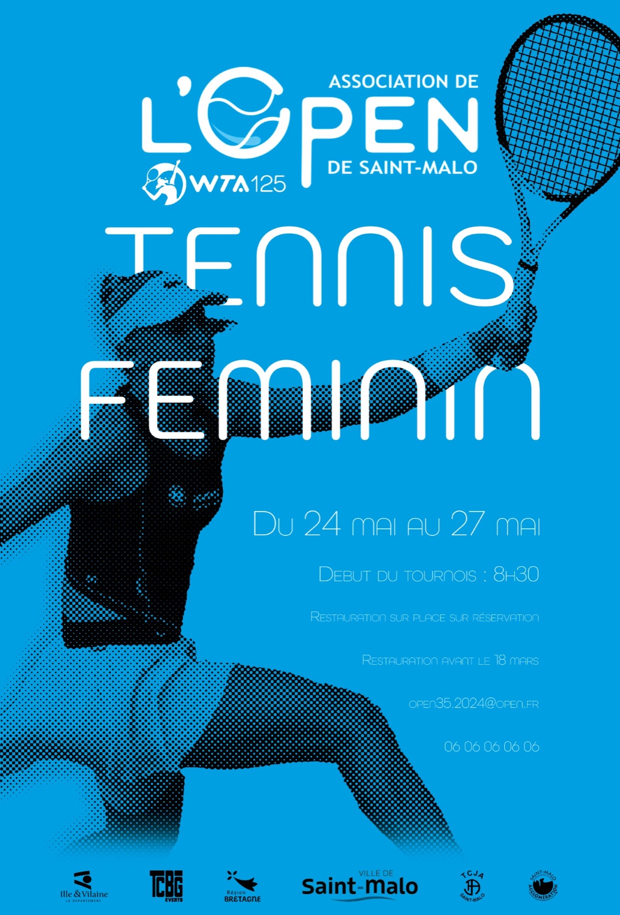 Affiche Tennis féminin de L'Open de Saint-Malo — joueuse en trame de points noirs sur fond bleu