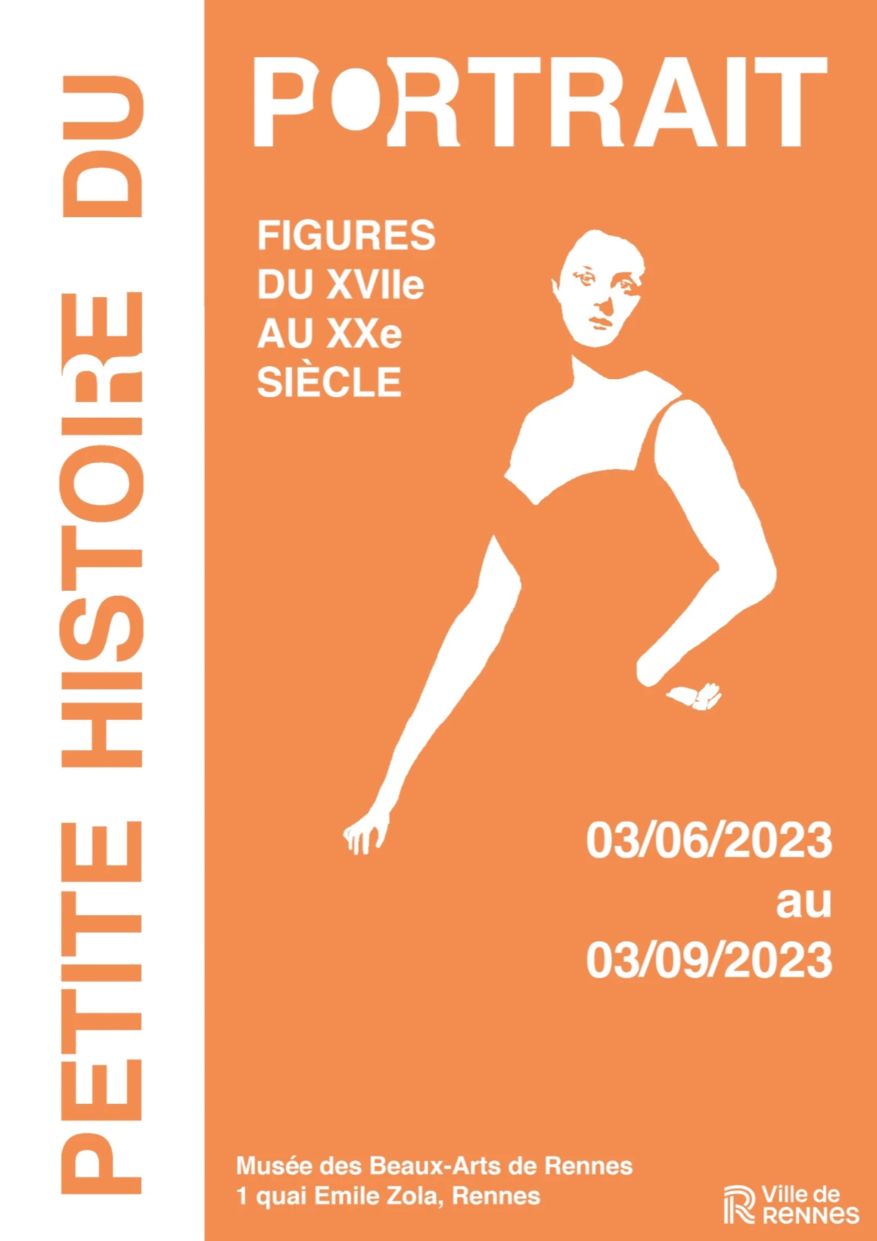 Affiche Petite histoire du portrait, figures du XVIIe au XXe siècle — musée des Beaux-Arts de Rennes — silhouette blanche sur aplat orange