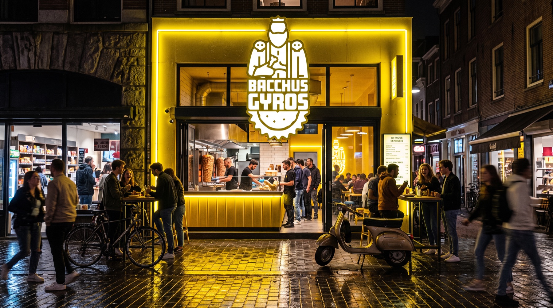 Devanture de nuit, enseigne lumineuse jaune et terrasse animée