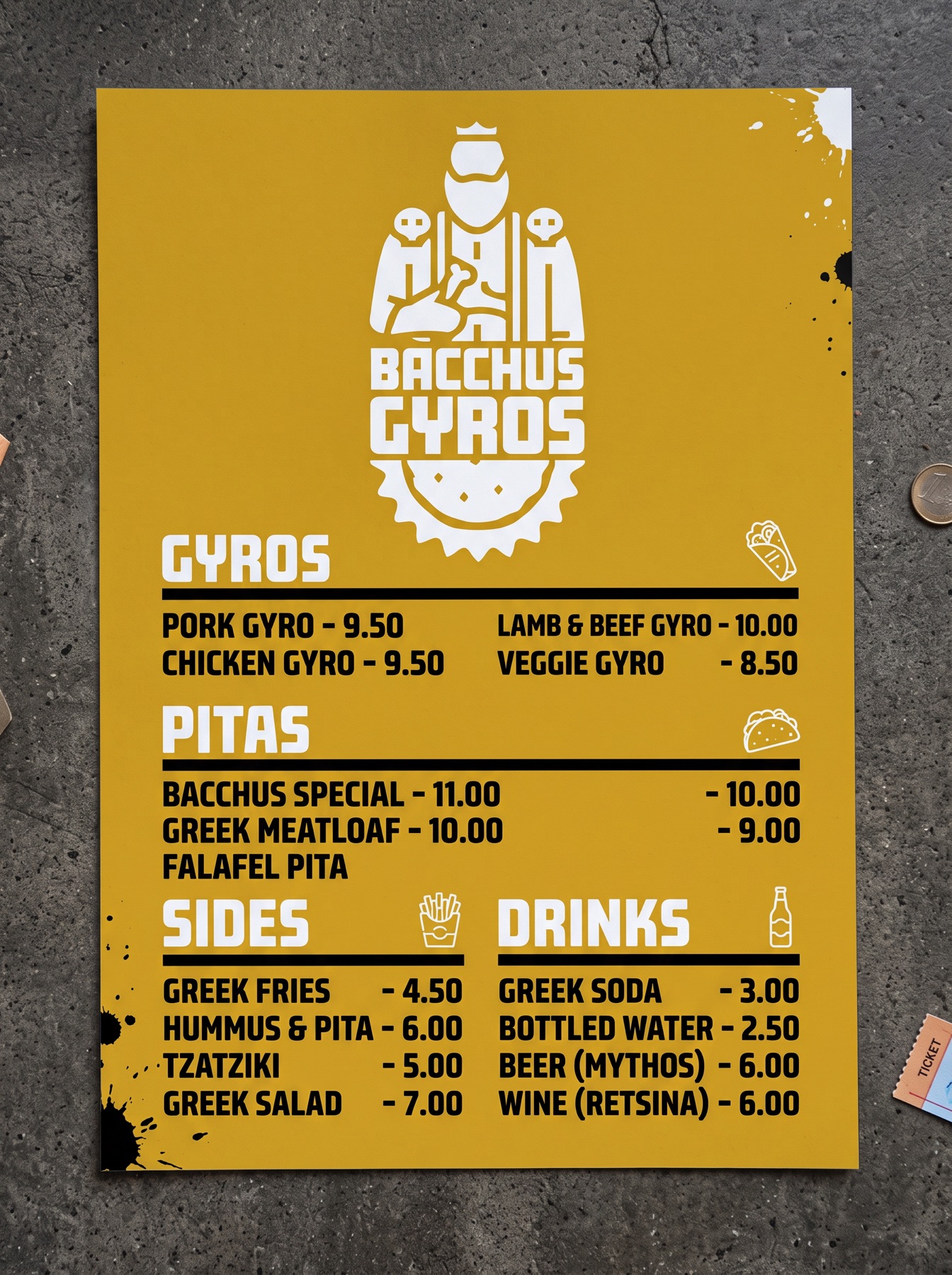 Affiche menu Bacchus Gyros : gyros, pitas, sides et boissons