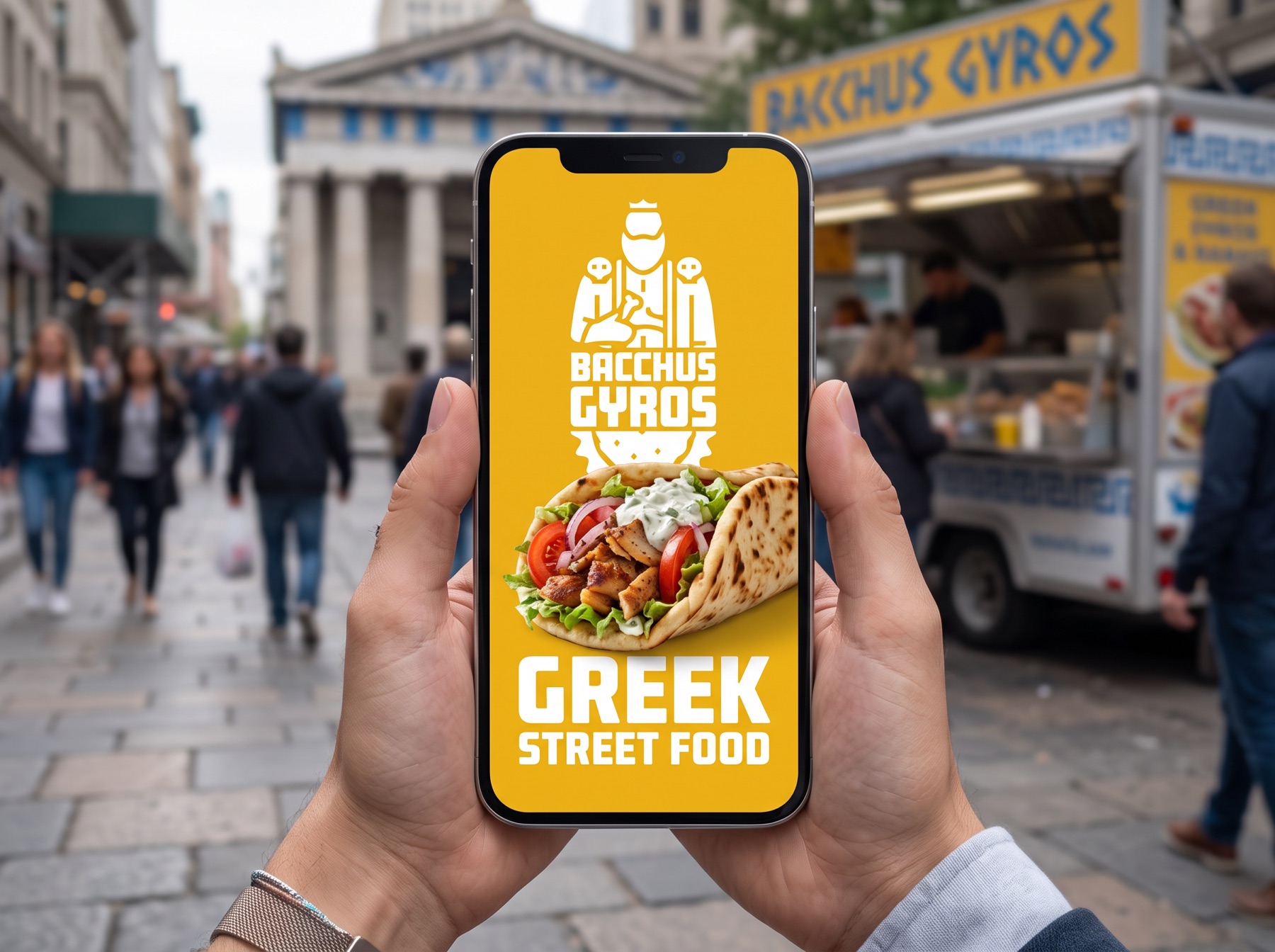 Déclinaison mobile de la marque devant le camion Bacchus Gyros