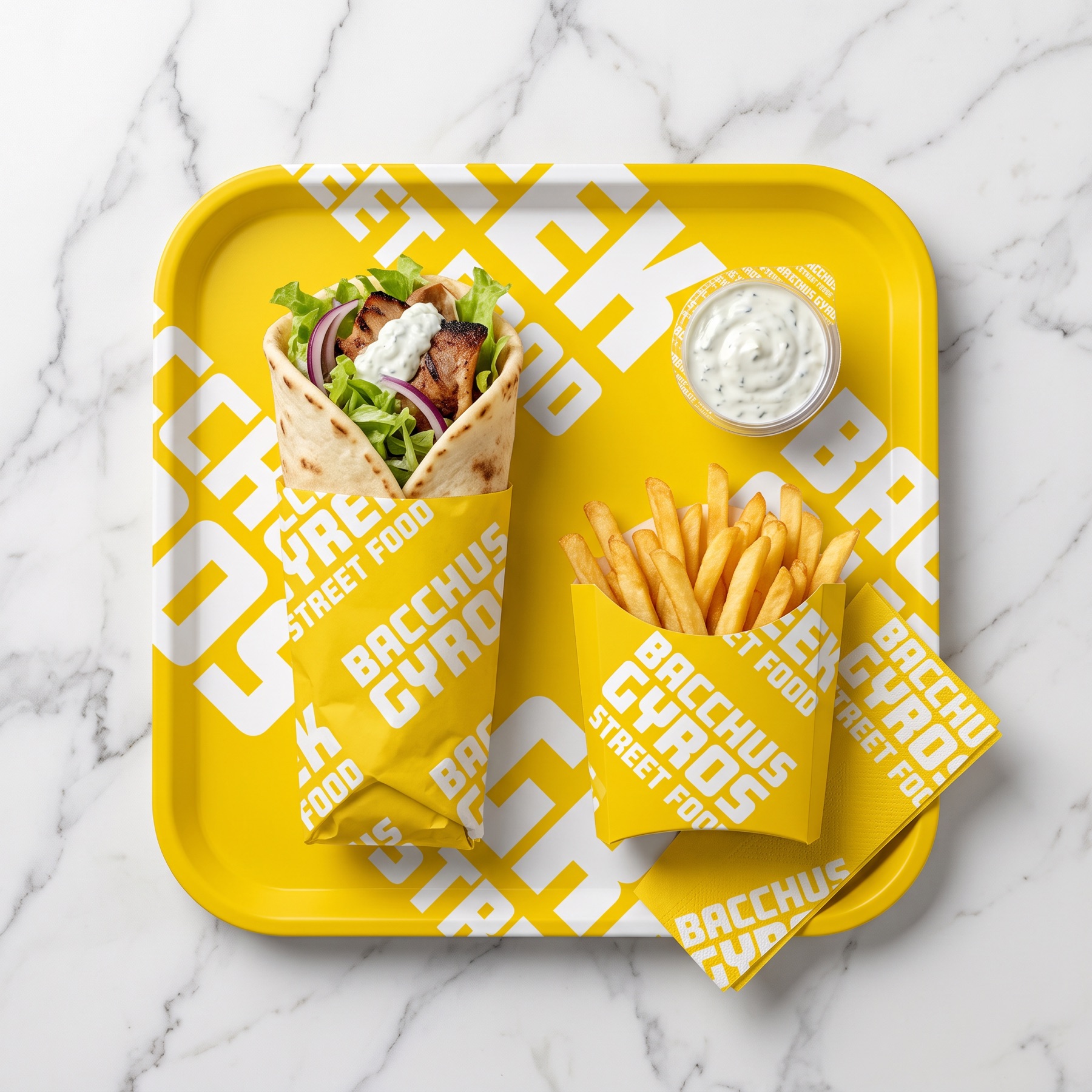 Plateau jaune avec gyros emballé, frites et tzatziki