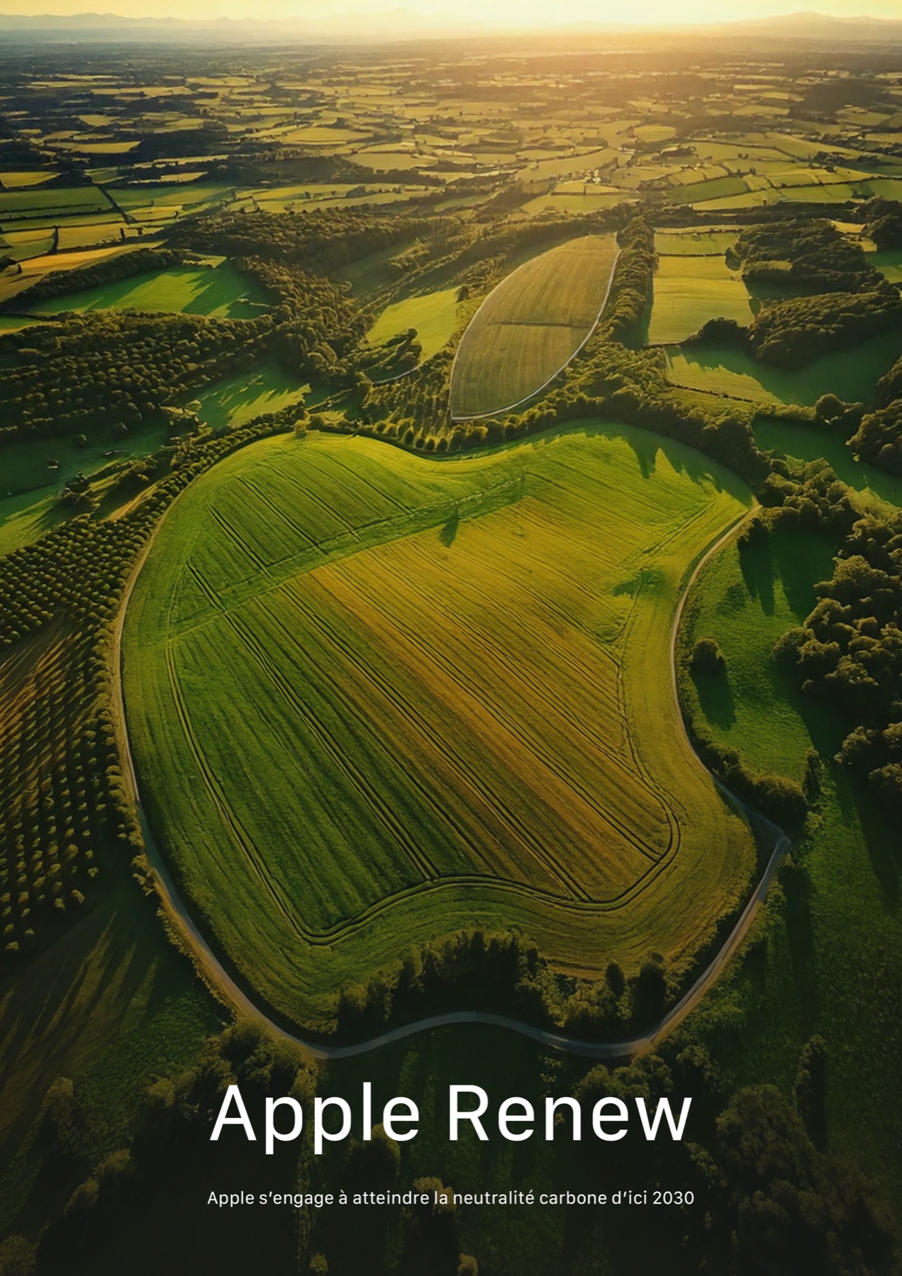 Apple Renew : un champ en forme de pomme dans un bocage au soleil couchant