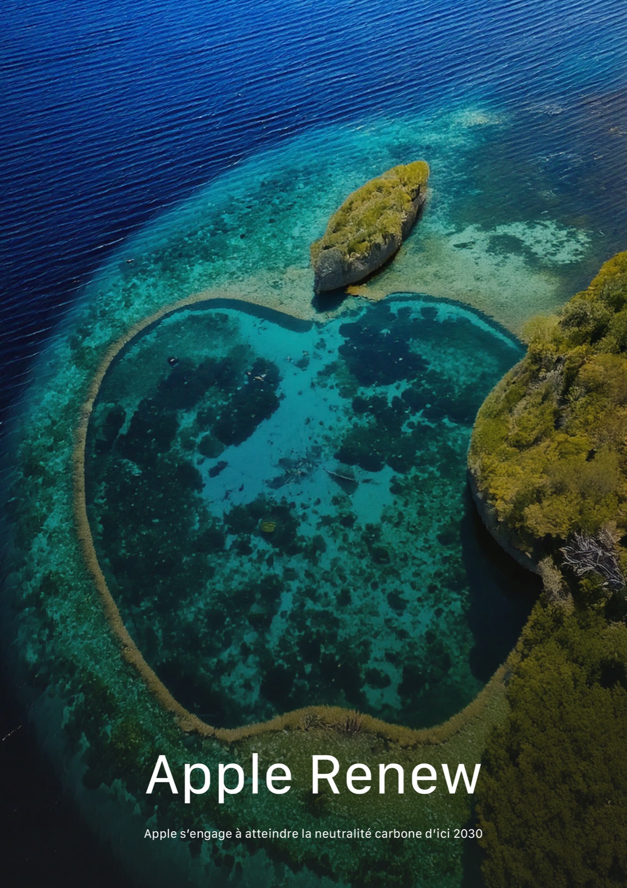 Apple Renew : un lagon turquoise en forme de pomme bordé d'îlots