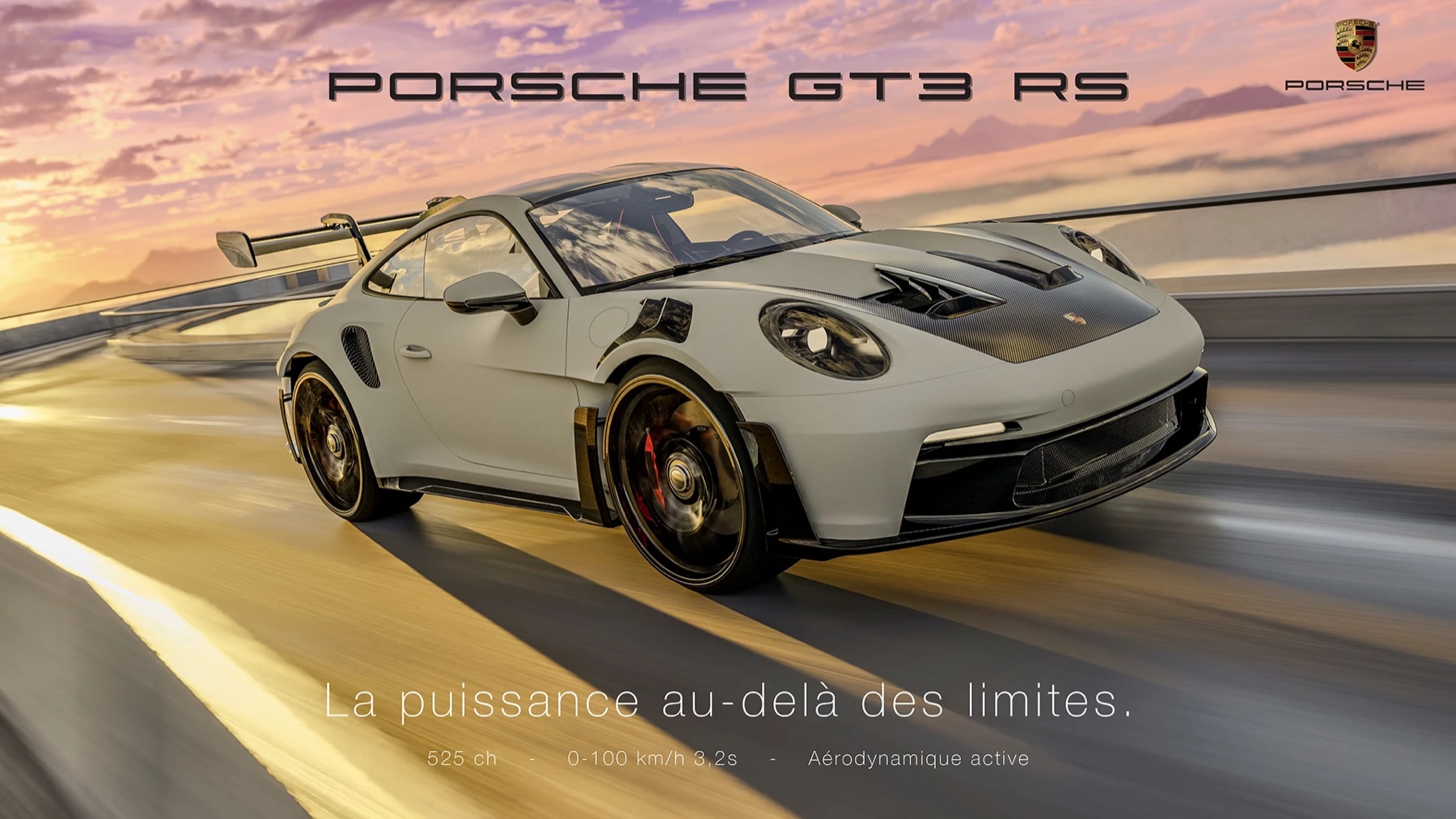 Porsche 911 GT3 RS grise lancée dans un virage au coucher du soleil — La puissance au-delà des limites.