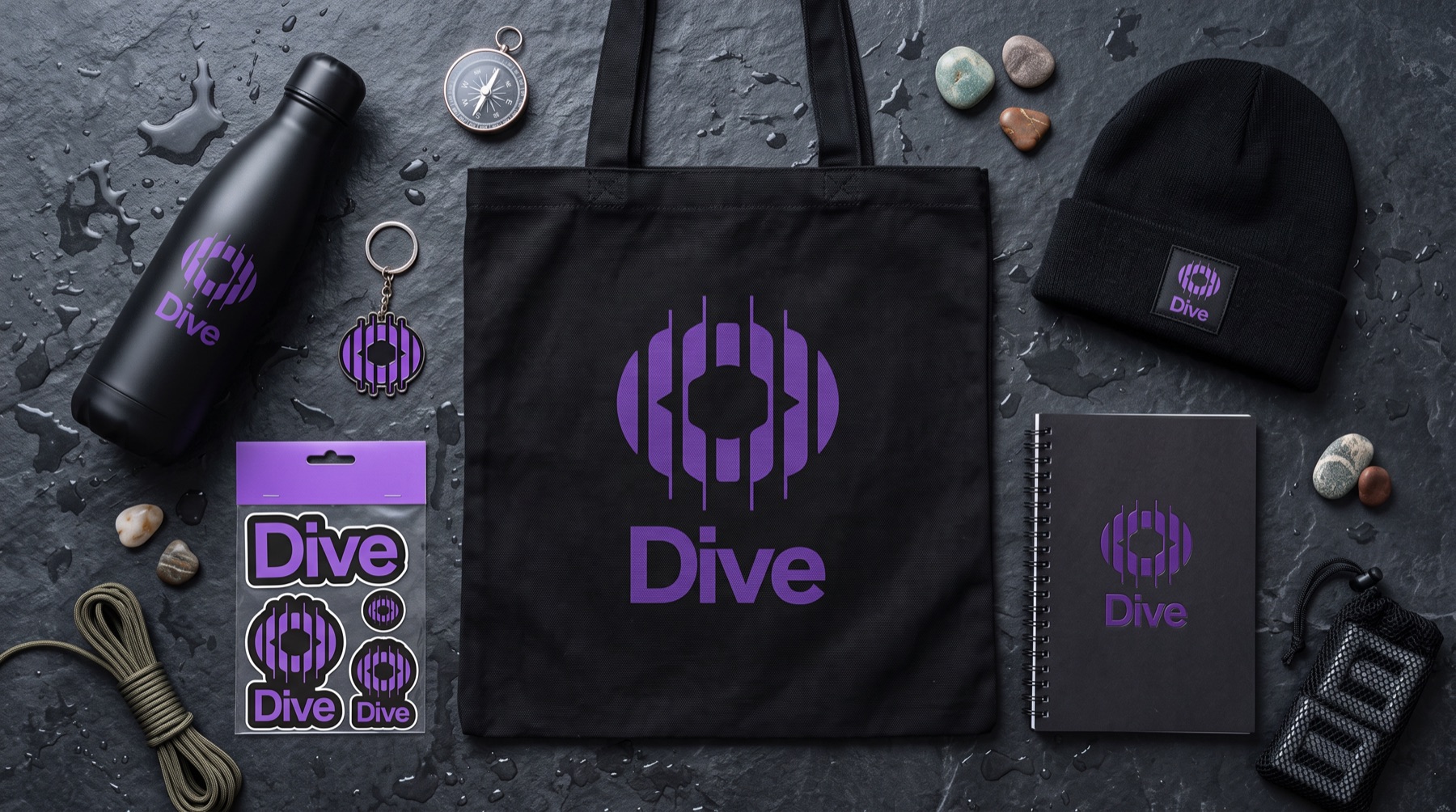 Goodies DIVE : tote bag, gourde, bonnet et stickers au logo violet