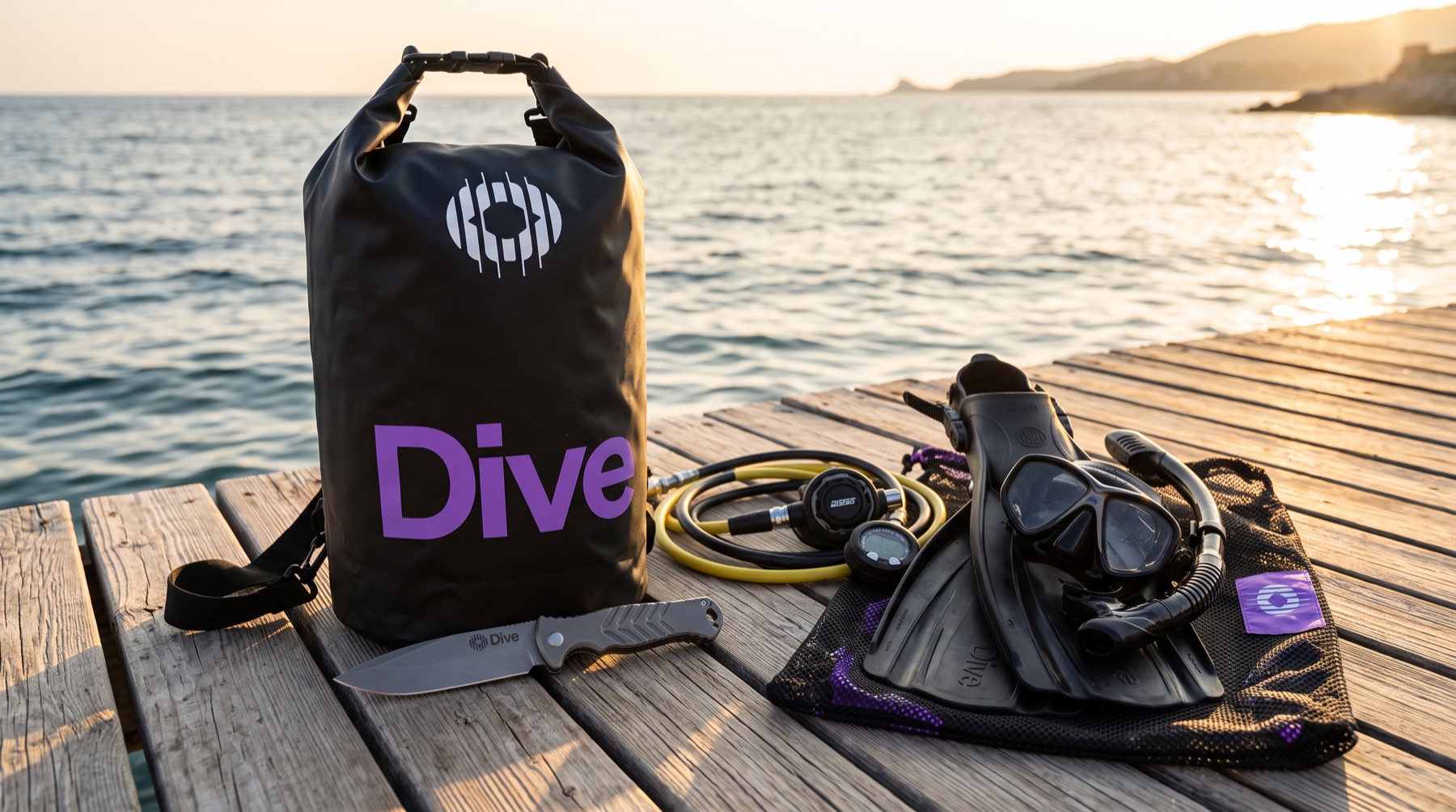 Sac étanche DIVE et équipement sur un ponton au coucher du soleil