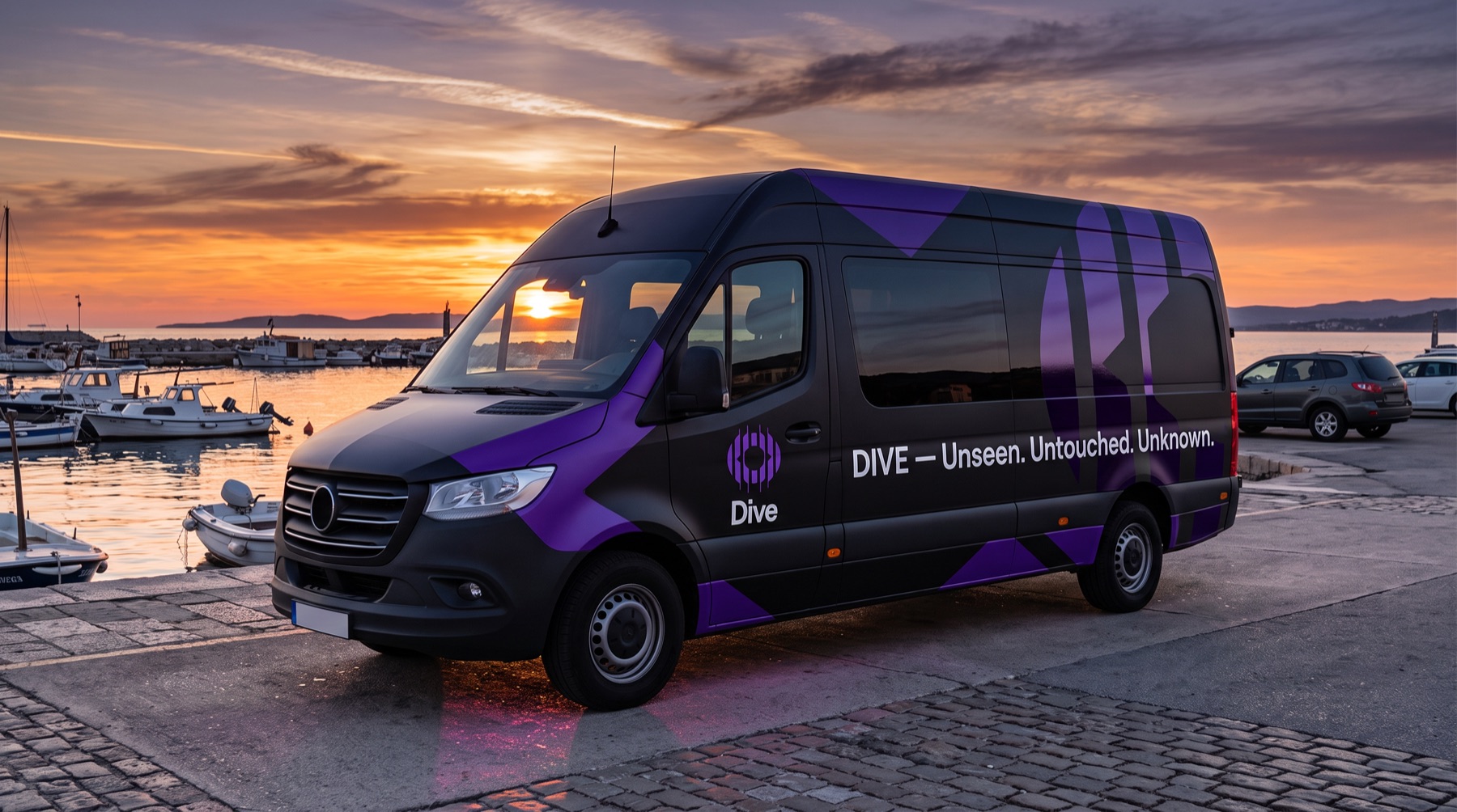 Identité DIVE sur le van de service — Unseen. Untouched. Unknown.